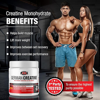 German Creatine - Micronized Creatine Monohydrate Powder, 99.99% Pure Creapure for Muscle Growth, Strength & Performance, Supports Muscle Recovery, 3rd Party Tested, Unflavored - 270g (54 Servings)