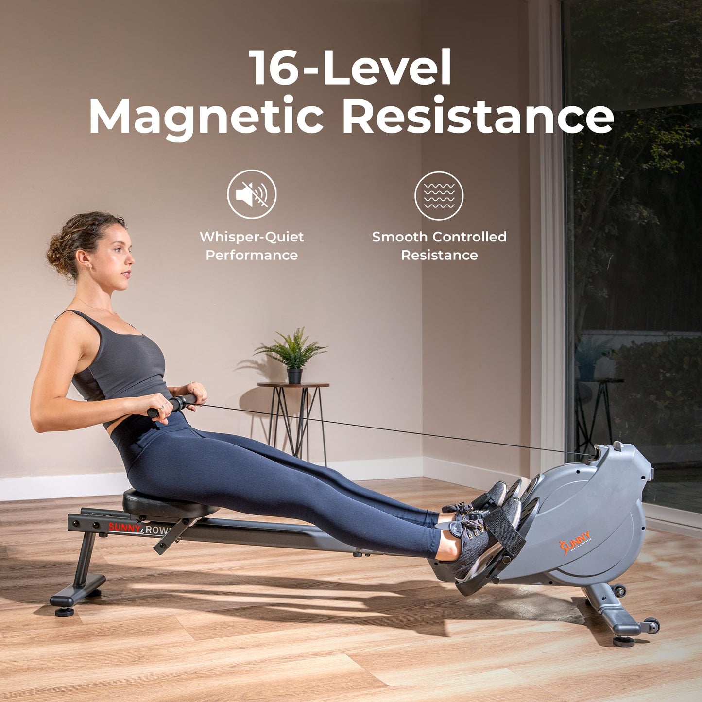 Sunny Health & Fitness Smart Magnetic Rower, Dual-Rail Home Rowing Machine