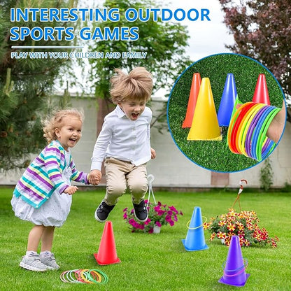 OBTANIM 26 Pcs Plastic Colorful Cones Ring Toss Combo Set Outdoor Carnival Games for Kids Adults Birthday Party Throwing Backyard Games