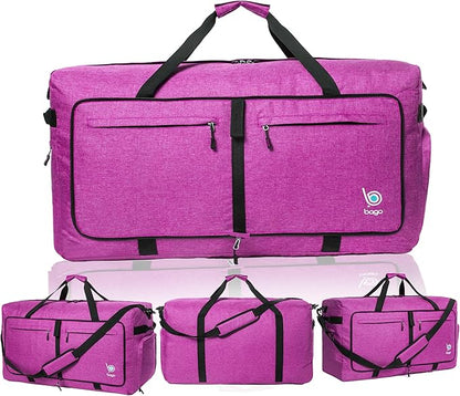 Bago Large Foldable Duffel Bags for Traveling Women & Men - 80L Packable Duffle Bag for Travel with Shoe Compartment - Water Repellant, Heavy Duty, Lightweight Folding & Collapsible (SnowPink)