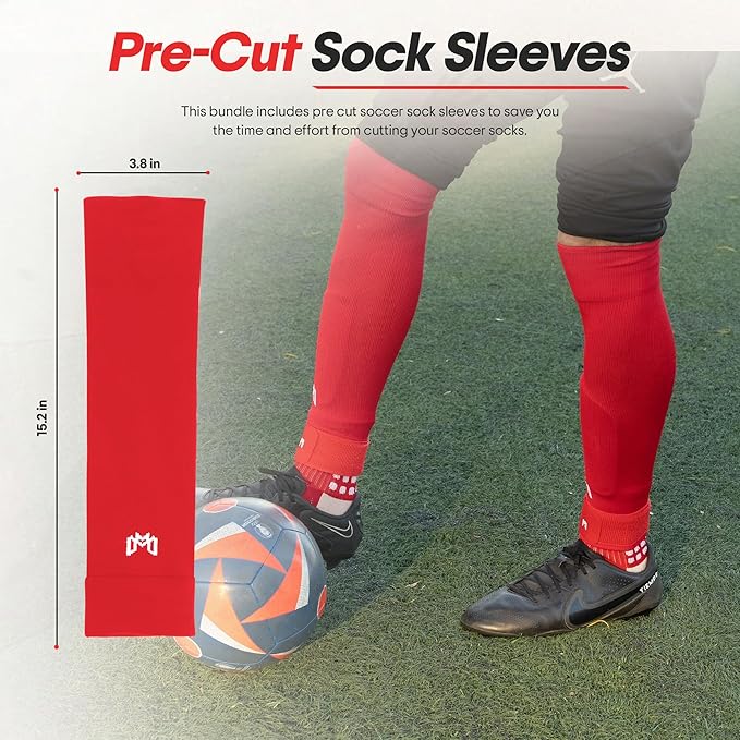 Soccer Grip Socks, Shin Guards, Pre Cut Sock Sleeves, and Guard Straps Bundle Pack - Essential Equipment for Soccer Players - for Mens, Women, Youth, Size 7 to 12 US Men Shoe Size