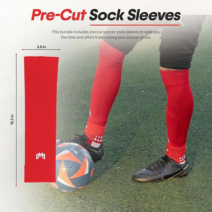 Soccer Grip Socks, Shin Guards, Pre Cut Sock Sleeves, and Guard Straps Bundle Pack - Essential Equipment for Soccer Players - for Mens, Women, Youth, Size 7 to 12 US Men Shoe Size