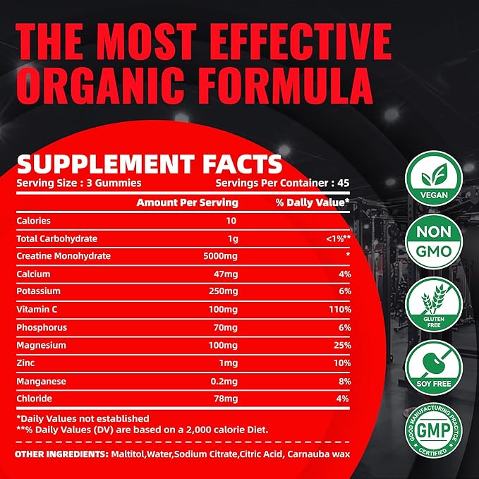 Creatine Monohydrate Gummies (5g) – Pre-Workout Energy & Muscle Growth Support for Men & Women | Strawberry Electrolyte Gummies (135 Count)