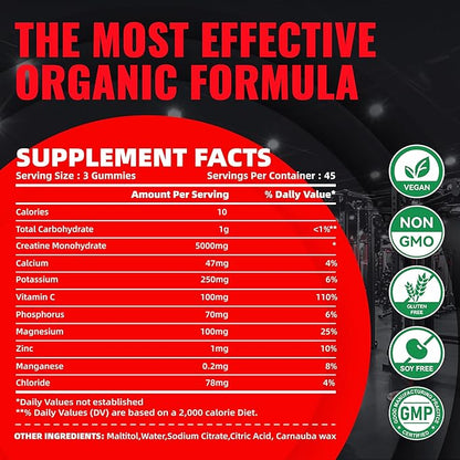 Creatine Monohydrate Gummies (5g) – Pre-Workout Energy & Muscle Growth Support for Men & Women | Strawberry Electrolyte Gummies (135 Count)