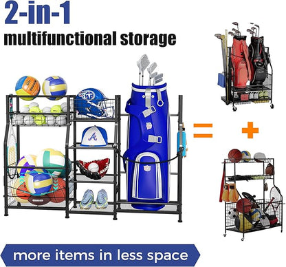 Sports Equipment Organizer Golf Bag Stand Golf Storage Organizer for Garage with Basket and Hooks, Storage Rack for 2 Golf Bag,Two Assembly Methods