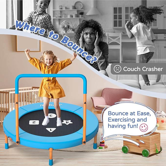 3FT Toddler Trampoline with Adjustable Handlebar, 36" Foldable & Spring-Free, Mini Kids Indoor Outdoor Trampoline for Ages 1-6, Noiseless Jumping Mat, Safe & Sturdy Design, Supports Up to 100 lbs
