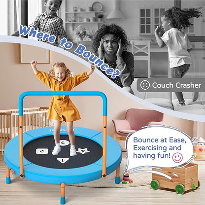 3FT Toddler Trampoline with Adjustable Handlebar, 36" Foldable & Spring-Free, Mini Kids Indoor Outdoor Trampoline for Ages 1-6, Noiseless Jumping Mat, Safe & Sturdy Design, Supports Up to 100 lbs