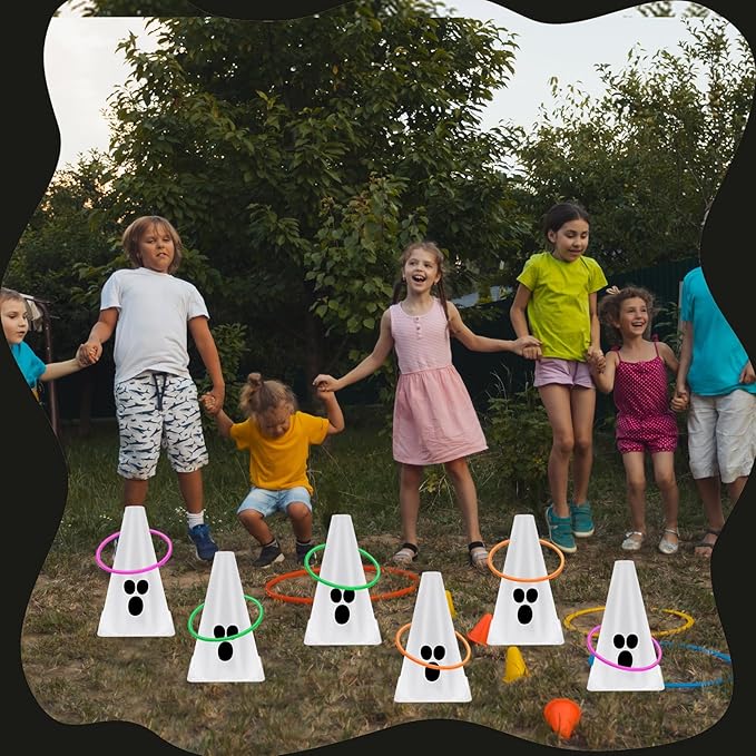 24 PcsHalloween Ring Toss Game Outdoor Carnival Party Games Include 6 Plastic Cones 18 Toss Rings for Halloween Party Games Indoor Outdoor Yard Activities