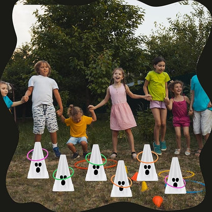 24 PcsHalloween Ring Toss Game Outdoor Carnival Party Games Include 6 Plastic Cones 18 Toss Rings for Halloween Party Games Indoor Outdoor Yard Activities