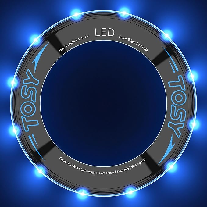 TOSY Flying Ring - 12 LEDs, Super Bright, Lost Mode, Auto Light Up, Camping Essentials for Kids/Teens/Boy/Girl, Safe & Soft, Waterproof, Pool/Beach Games, Lightweight Toy, 2-Pack (Blue)