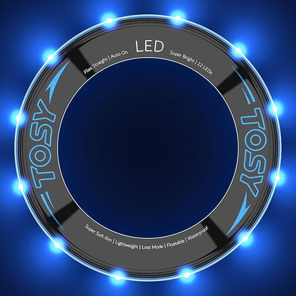 TOSY Flying Ring - 12 LEDs, Super Bright, Lost Mode, Auto Light Up, Camping Essentials for Kids/Teens/Boy/Girl, Safe & Soft, Waterproof, Pool/Beach Games, Lightweight Toy, 2-Pack (Blue)