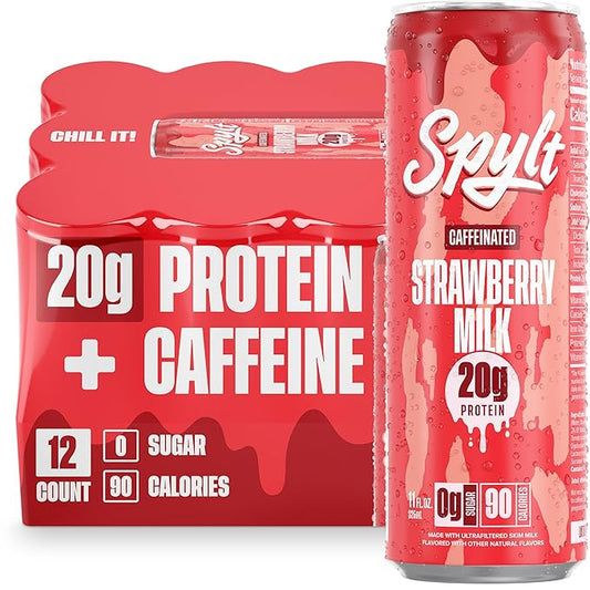 High Protein Strawberry Milk with 60mg Caffeine & 20g Protein - 90 Calories, Ready to Drink, Sugar