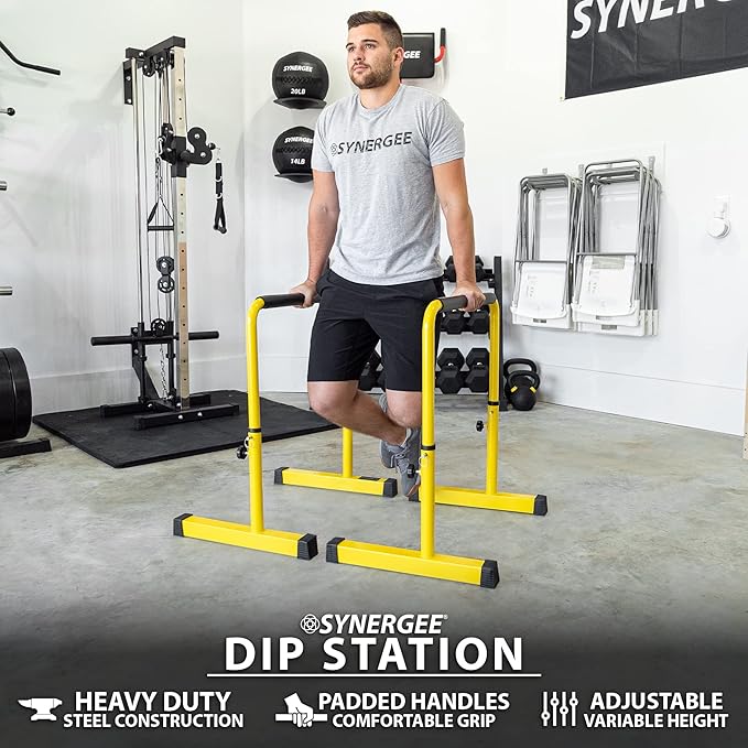 Synergee Dip Bar. Adjustable Dip Station from 30????39??for Dips, Inverted Pull Ups. Max capacity 400 lbs. Portable Dip Stand for Total Body Workout. Available in Yellow and Black.
