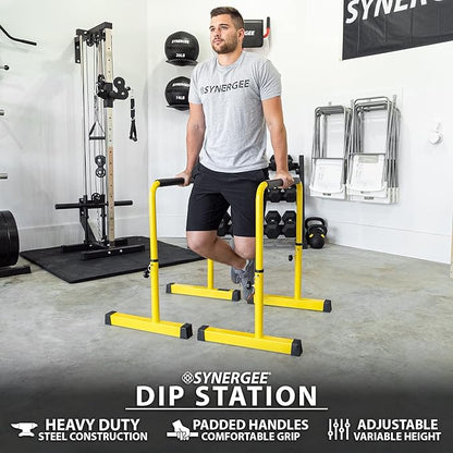 Synergee Dip Bar. Adjustable Dip Station from 30????39??for Dips, Inverted Pull Ups. Max capacity 400 lbs. Portable Dip Stand for Total Body Workout. Available in Yellow and Black.