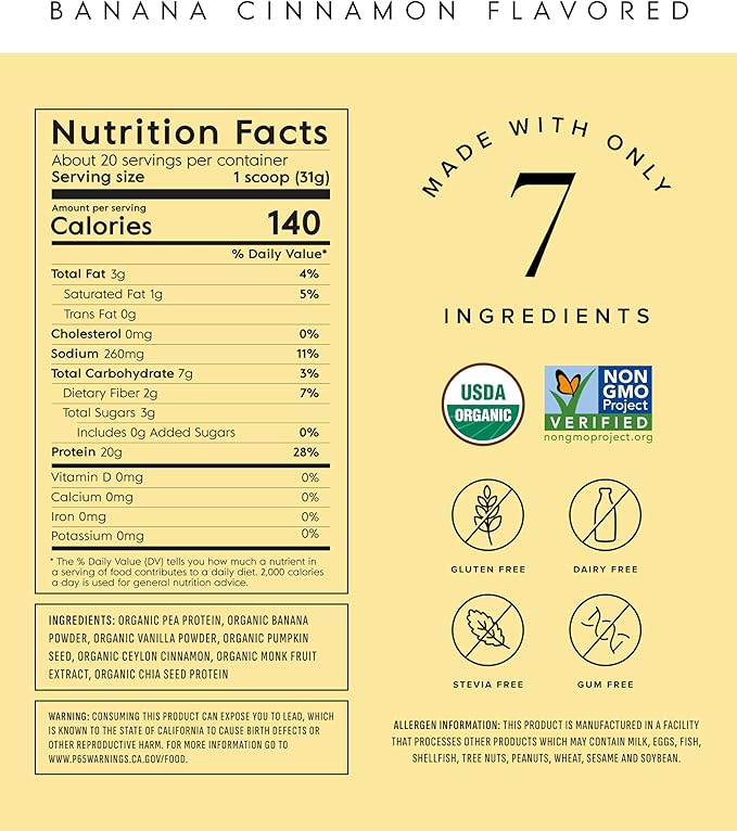Truvani Vegan Pea Protein Powder | Banana Cinnamon | 20g Organic Plant Based Protein | 20 Servings | Keto | Gluten & Dairy Free | Low Carb | No Added Sugar