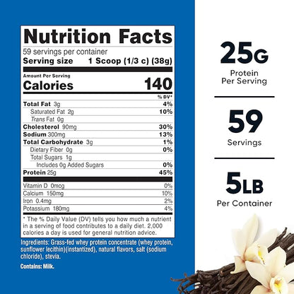 Nutricost Grass-Fed Whey Protein Concentrate (Vanilla) 5LBS - Undenatured, Non-GMO, Gluten Free, Natural Flavors