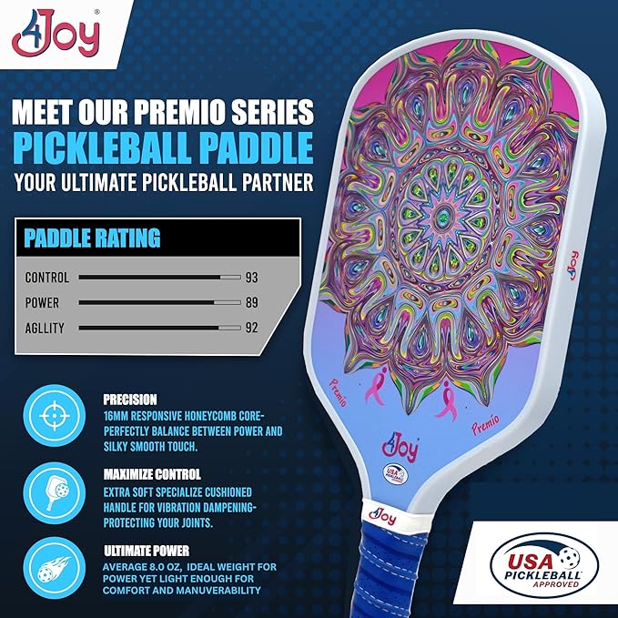 4Joy Pickleball Paddle Premio Series - Thermoformed Premium T700 Carbon Fiber Pickleball Paddless - Professional Pickleball Rackets for Women & Men - 16mm Honeycomb Core - USAP Approved