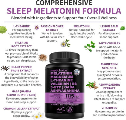 12-in-1 Melatonin Sleep Capsules - Natural Sleep Aids for Adults with Melatonin 5mg and Magnesium Glycinate 500mg, Sleep Aid with Ashwagandha, L Theanine, Valerian Root, GABA, 5-HTP (90ct, Pack of 2)