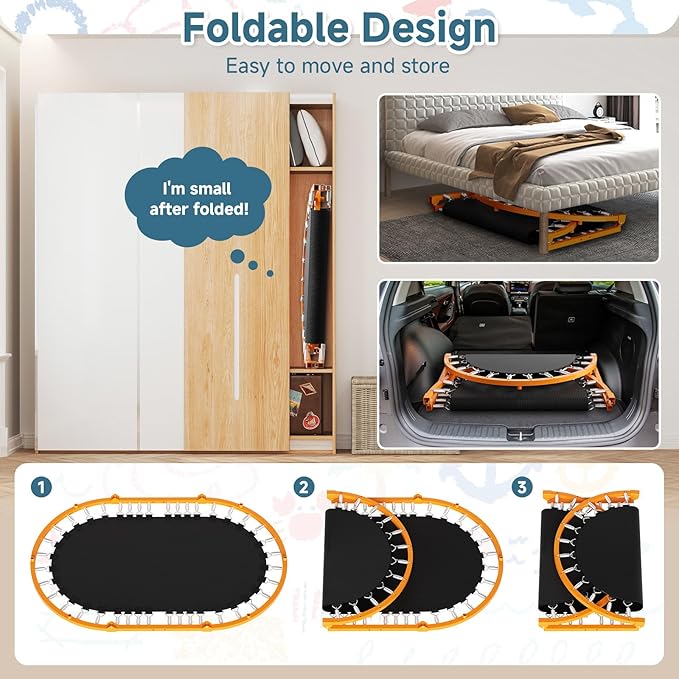 36"x56" Indoor Trampoline for Kids, Foldable Trampoline with Adjustable Handle, Double Trampoline for Boy and Girl, Kids Small Trampoline