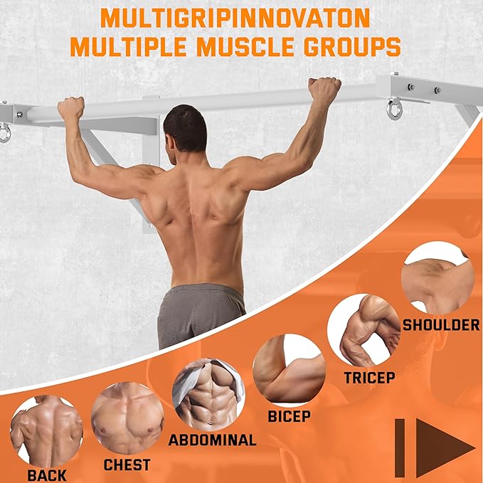 Pull Up Bar Wall Mounted, Heavy Duty 650 lbs Capacity Chin Up Bar, 48" Multi-Grip Strength Training Pull-up Bars, for Home Gym Garage/Backyard Total Body Workout, Ease Of Use Mounting-White