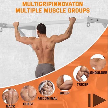 Pull Up Bar Wall Mounted, Heavy Duty 650 lbs Capacity Chin Up Bar, 48" Multi-Grip Strength Training Pull-up Bars, for Home Gym Garage/Backyard Total Body Workout, Ease Of Use Mounting-White