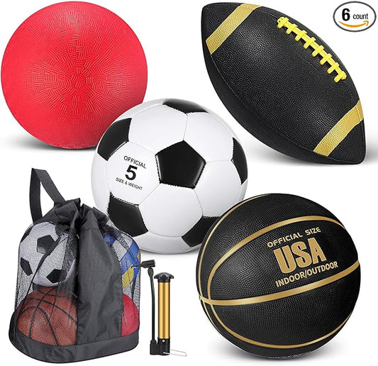 Lenwen 4 Pcs Sports Balls Set, Include Official Size Basketball Soccer Football Playground Ball