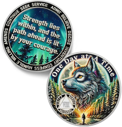 One Day at a Time 8 Year Sobriety Coin - Recovery Aurora Forest Wolf AA Coins - Addiction NA AA Chips and Medallions - Celebrate 1-20 Living Clean Narcotics Alcoholics Anonymous Gifts for Men Women