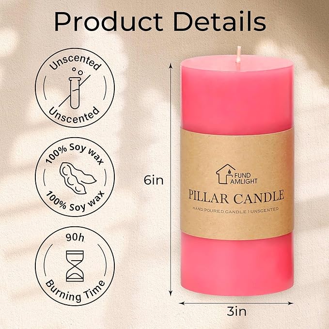 3x6 Inch Pink Pillar Candles Set of 3 - Decorative Unscented Pillar Candle, Long Burning Dripless Candle for Table Decor, Smokeless Large Pillar Candles for Wedding Table Decor