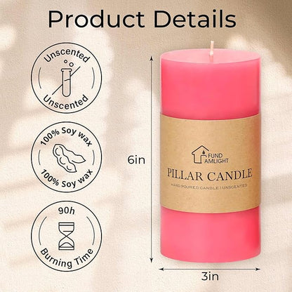 3x6 Inch Pink Pillar Candles Set of 3 - Decorative Unscented Pillar Candle, Long Burning Dripless Candle for Table Decor, Smokeless Large Pillar Candles for Wedding Table Decor