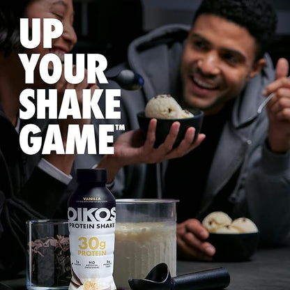 Oikos Protein Shake, Vanilla, 30g High Protein Drinks, Shelf Stable, Ready to Drink, 5g Prebiotic Fiber, 12 fl oz Bottle, 4 Count