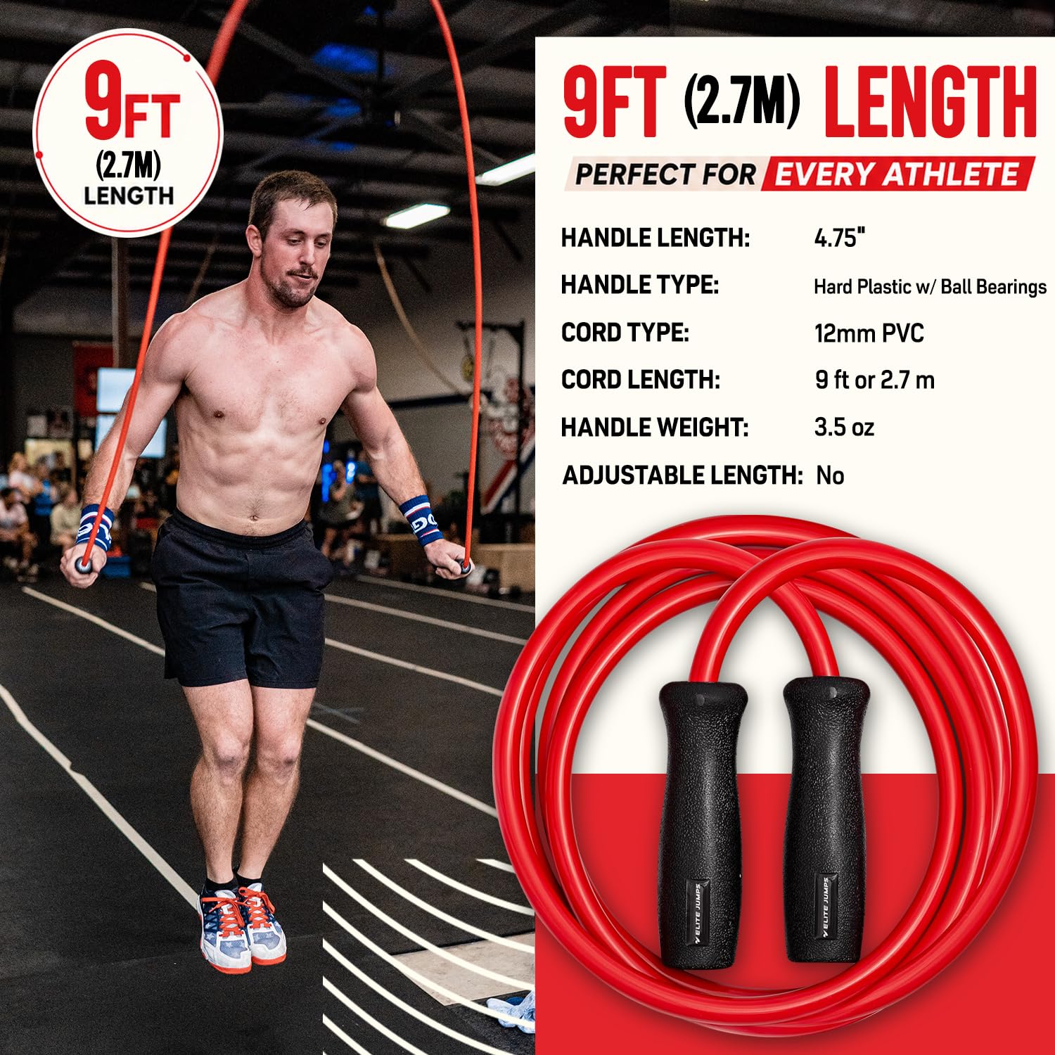 Elite Jumps Muay Thai 2.0 Weighted Jump Rope for MMA, 1.2 lbs, 9 ft, Red