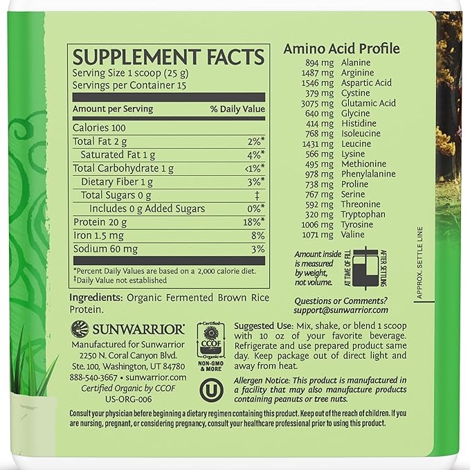 Brown Rice Protein Powder with Bcaa & Amino Acids Raw Rice Protein Shake Gluten Free Low Carb Dairy Free | Plant Based Classic Sprouted Brown Rice Protein Powder Natural 375g by Sunwarrior