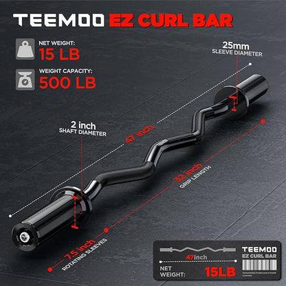 TEEMOO Olympic EZ Curl Barbell Bar, 47" Curl Bar with 2 Spring Collars,Curling bar for Weight Lifting, Squat, Hip Thrusts, Biceps, 500lb Weight Capacity, E-Coat Finish for 2 inch Weight Plates (Black)
