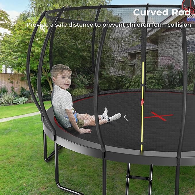 12 14 15 16FT Trampoline Outdoor with Basketball Hoop, Trampoline with Lights for Kids and Adults, Recreational Trampolin with Sprinkler, Stakes