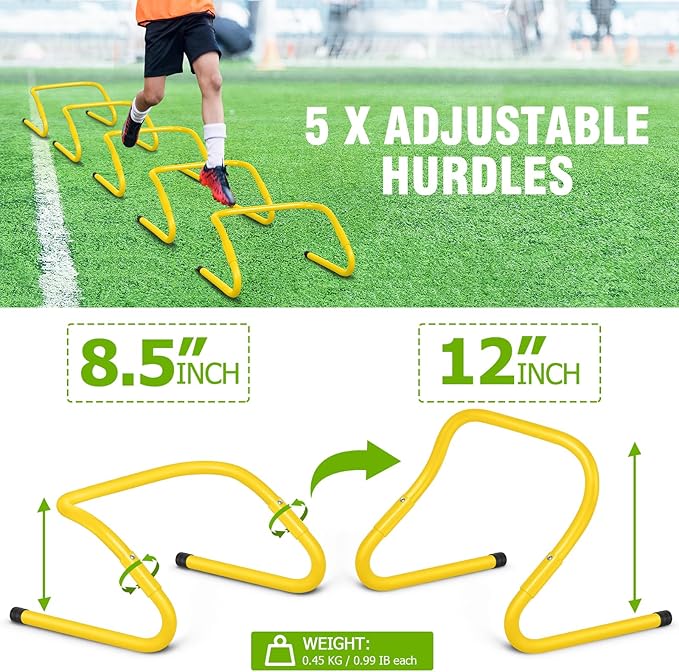 Speed and Agility Training Equipment: 5 Adjustable Agility Hurdles. 20ft Agility Ladder, Soccer Training Equipment Set for Kids Youth Adults