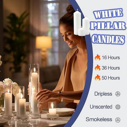 18 Pcs White Pillar Candles Bulk Set，Hurricane Candlesï¼? Different Lengths (6 Each)，Dripless Unscented Smokeless，Gives You a Better Atmosphere When Organizing an Event Party.