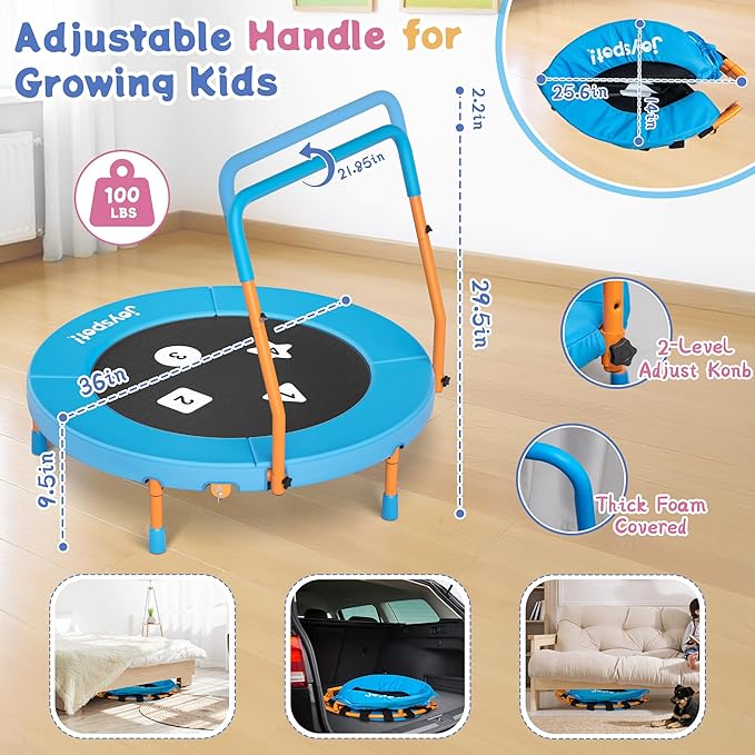 3FT Toddler Trampoline with Adjustable Handlebar, 36" Foldable & Spring-Free, Mini Kids Indoor Outdoor Trampoline for Ages 1-6, Noiseless Jumping Mat, Safe & Sturdy Design, Supports Up to 100 lbs
