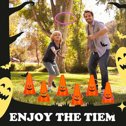 24 PcsHalloween Ring Toss Game Outdoor Carnival Party Games Include 6 Plastic Cones 18 Toss Rings for Halloween Party Games Indoor Outdoor Yard Activities