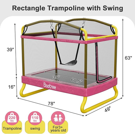 6.5FT Rectangle Trampoline for Kids, 78”ASTM Approved Recreational Trampolines with Swing, Small Toddler Trampoline with Safety Enclosure Net, Outdoor and Backyard, Gifts for Children & Boys & Girls