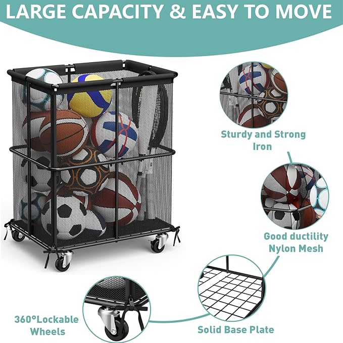 smusei Ball Storage Bin Rolling Sports Ball Storage Cart Garage Sports Equipment Organizer Rack with Wheels Outdoor Basket Ball Cage for Garage, School, Gym, Yoga Room