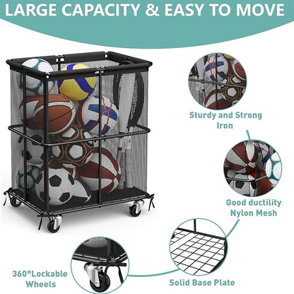 smusei Ball Storage Bin Rolling Sports Ball Storage Cart Garage Sports Equipment Organizer Rack with Wheels Outdoor Basket Ball Cage for Garage, School, Gym, Yoga Room