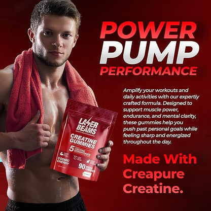 Creatine Monohydrate Gummies - 5g Creapure Creatine per Serving - Vegan - Boost Muscle Strength, Endurance, Recovery & Mental Focus - 90 Gummies, Gluten-Free (Strawberry)