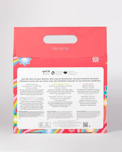 Pacifica 3-Pack Face Sheet Mask Variety Set ??Brightening Vitamin C, Green Detox & Stress Rehab Hydrating Masks for Glowing Skin, Holiday Beauty Gift for Women Teens Girls, Vegan Clean Skincare