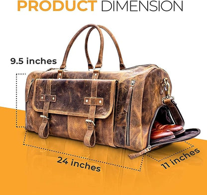 KomalC 24 Inch Leather Duffel Bags for Men and Women Full Grain Leather Travel Overnight Weekend Leather Bags Sports Gym Duffle for Men (Brown Tan with shoe pocket)