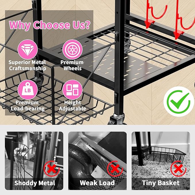 3-Tier Home Gym Storage Rack, Adjustable Yoga Mat Storage Rack, 250LBS Metal Workout Equipment Storage Cart with Large Basket & Lockable Wheels for Mats, Bands, Foam Rollers, Yoga Block (Rack Only)