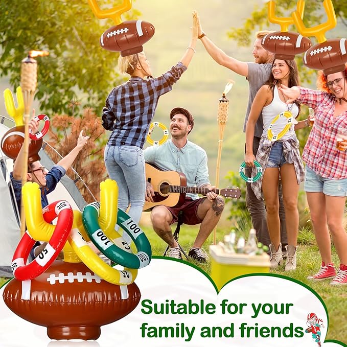 2 Set Inflatable Football Post Ring Toss, Goal Post Ring Game, Football Goal Post for Kids, Family, Birthday Games Indoor and Outdoor Party Supplies (2 Toss Post Hats 6 Rings 1 Pump)