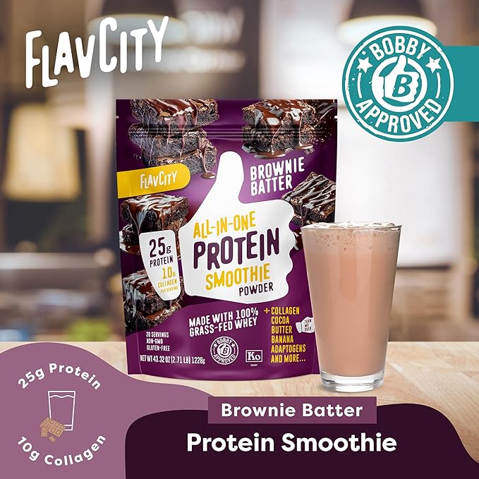 FlavCity Grass Fed Whey Chocolate Protein Powder - Brownie Batter - 25g Protein & 10g Collagen - Made with Organic Cocoa & Coconut Milk - Gluten Free & No Added Sugars (20 Servings)