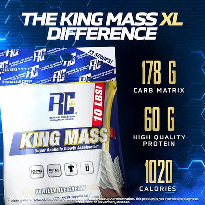 Ronnie Coleman Signature Series King Mass XL Mass Gainer Protein Powder ??Vanilla Ice Cream Weight Gainer with 60g Protein, 180g Carbohydrates, 1,000+ Calories, Creatine & Glutamine ??10 Pound