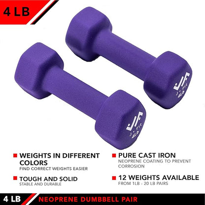 JFIT Dumbbell Pairs or Sets – Neoprene & Vinyl Coated Hand Weights for Home Gym, Strength Training, Aerobics, Cardio Exercise and Fitness