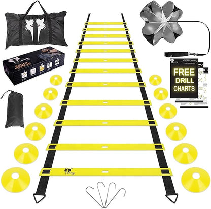 20ft Sports Agility Ladder for Men Women and Kids, Speed Youth Soccer Agility Training Equipment for Football, Exercise, Tennis, Legs Workout with Speed Parachute, Cones and Carry Bag